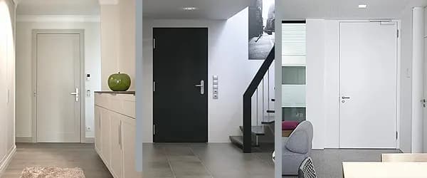 Collage aus Funktionstüren: weiße Zimmertür, schwarze Tür im Treppenhaus und Windfangtür