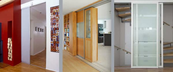 Collage aus Gleittüren und Raumteilern in Holz, Glas und Milchglas