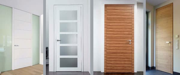 Collage aus weißen Designtüren, Glastür und Holztür mit Querstruktur