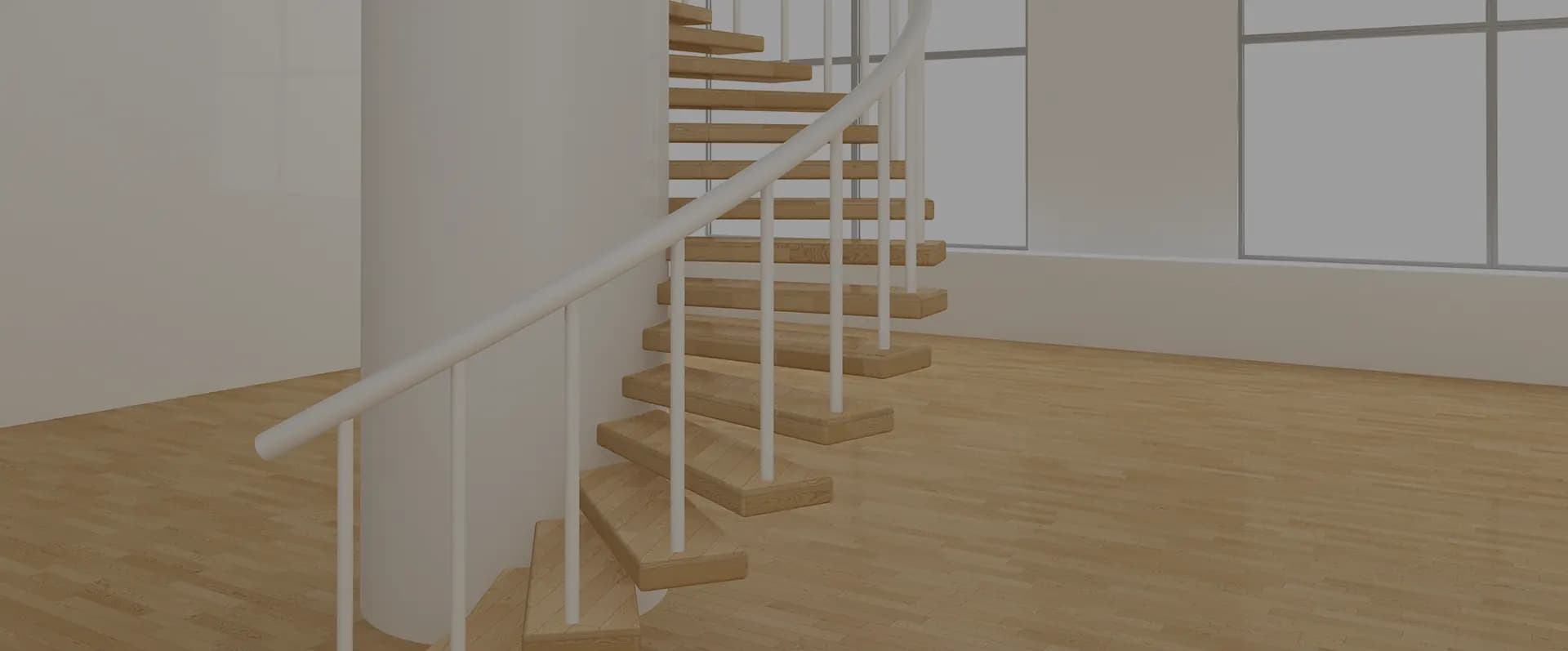 Helle Spindeltreppe aus Holz in einem weißen Raum