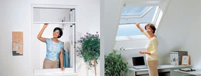 Collage aus Insektenschutz-Spannrahmen am Fenster und Insektenrollo am Dachfenster