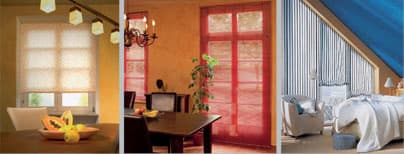 Collage aus Rollo, Faltstore am Fenster und Plissee am Dachfenster