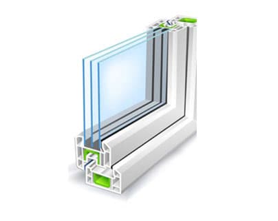Querschnitt eines weißen Kunststoff-Fensterprofils mit Isolierglas