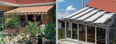 Collage aus Gelenkarm-Markise über einer Terrasse und verglastem Terrassendach