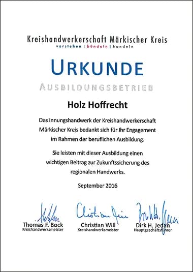 Urkunde „Ausbildungsbetrieb“ der Kreishandwerkerschaft Märkischer Kreis für Holz Hoffrecht, September 2016
